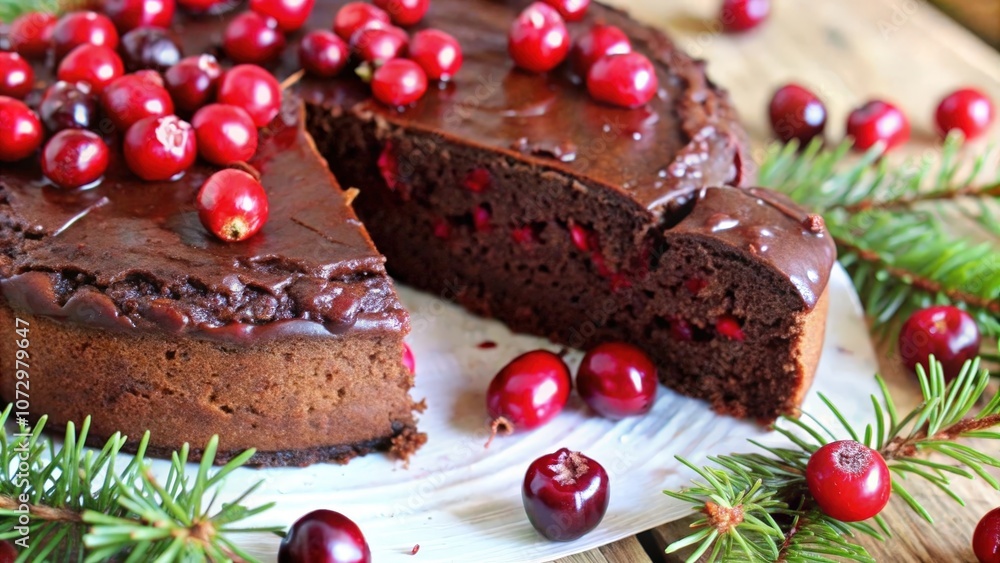 A slice of chocolate cake with a glossy chocolate glaze, topped with fresh red berries and surrounded by lush green pine branches. A slice of chocolate cake with a glossy chocolate glaze, topped with fresh red berries and surrounded by lush green pine branches.