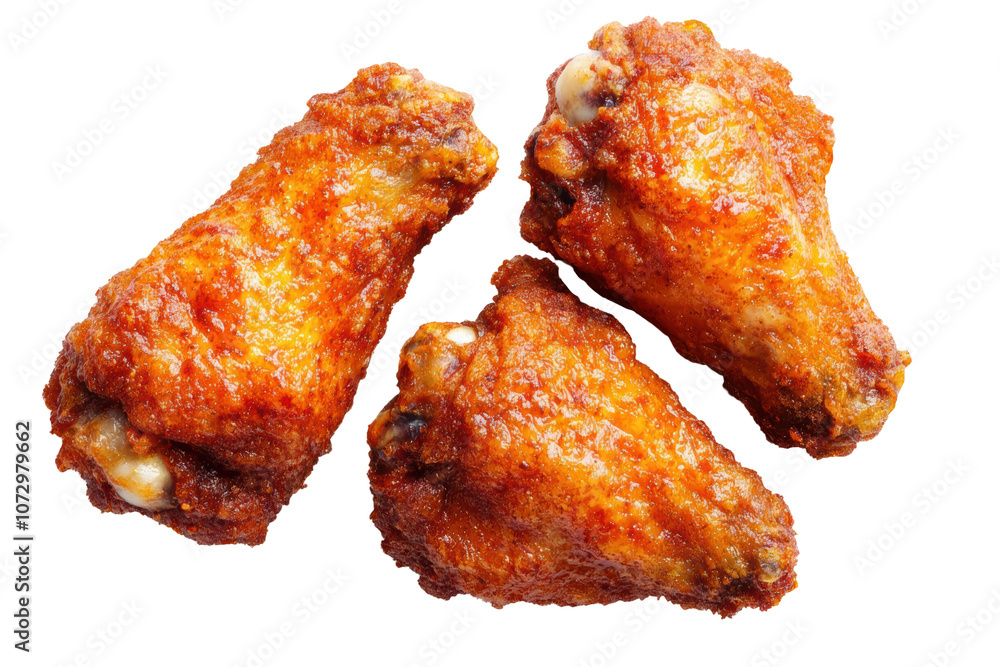 Golden-brown, crispy chicken wings arranged in a trio showcasing their crunchy texture and savory appearance. Golden-brown, crispy chicken wings arranged in a trio showcasing their crunchy texture and savory appearance.