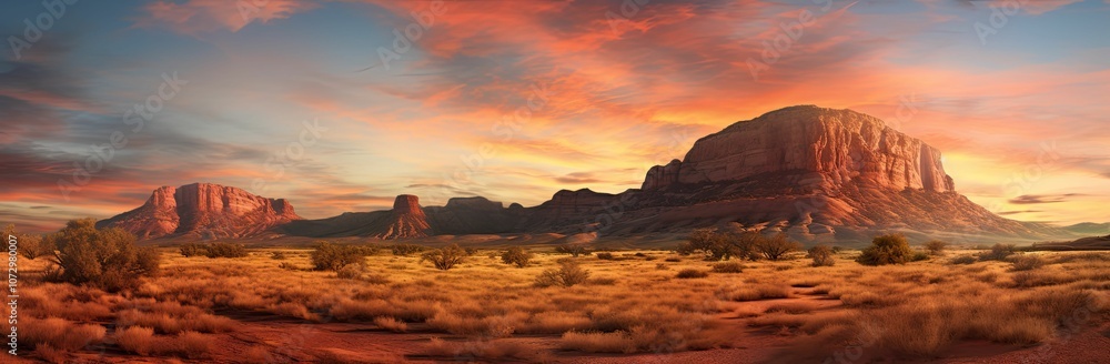 Naklejka premium A desert landscape at sunset with red rock formations.