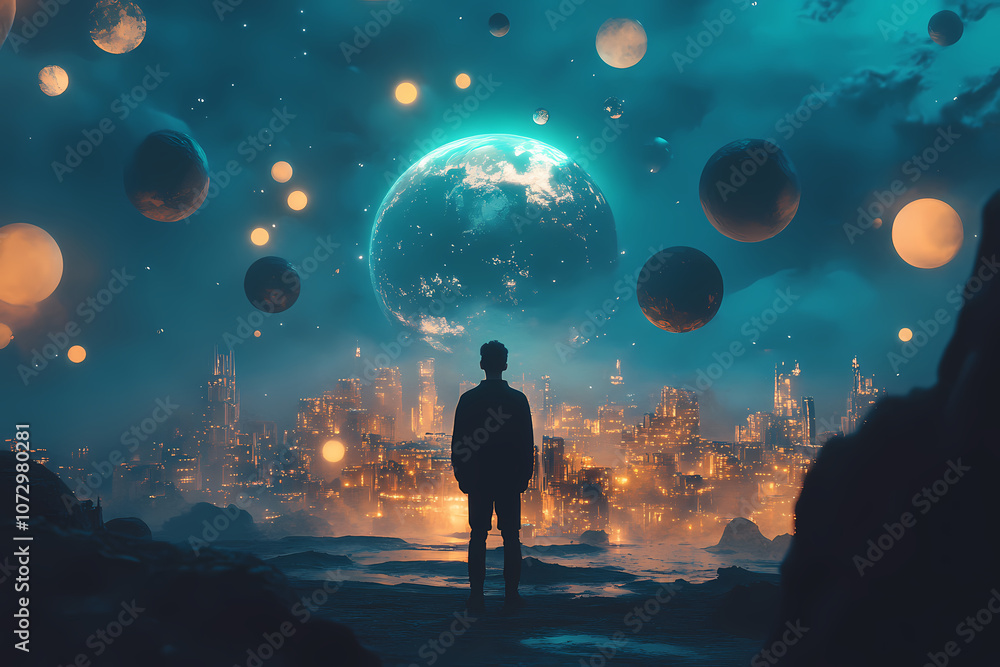 A Cosmic Vista: An individual stands, gazing at an awe-inspiring, celestial cityscape. Witness the boundless vastness, celestial glow, futuristic urban expanse. A Cosmic Vista: An individual stands, gazing at an awe-inspiring, celestial cityscape. Witness the boundless vastness, celestial glow, futuristic urban expanse.