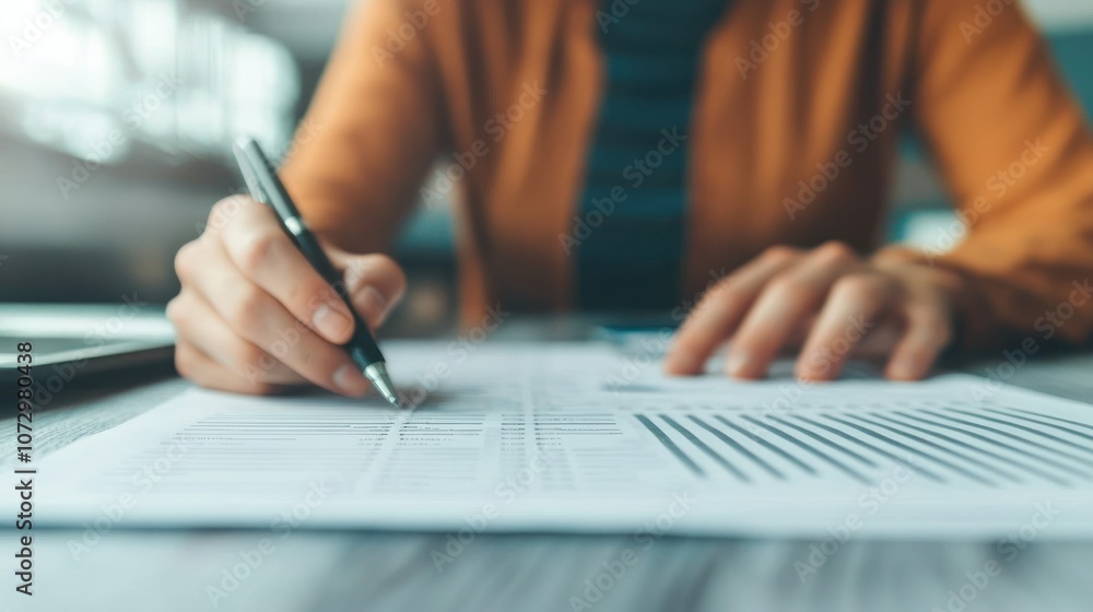 A person is writing on documents at a table, showcasing focus and productivity in a professional setting. A person is writing on documents at a table, showcasing focus and productivity in a professional setting.