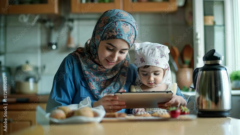 In a warm kitchen, a mother and her child bond over cooking while watching a recipe on a tablet. Laughter and love fill the air as they create delicious memories together.