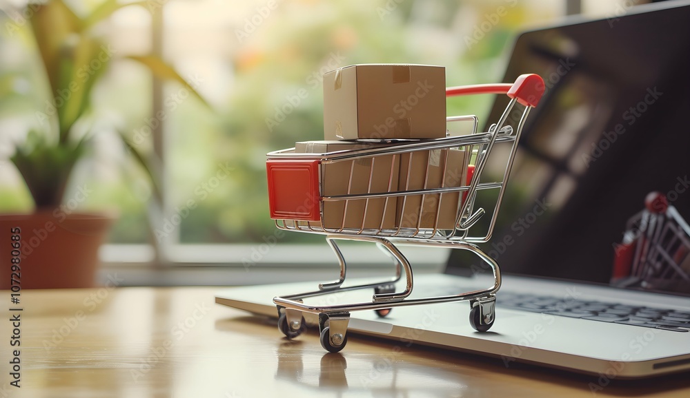 Product package boxes and shopping bag in cart with laptop computer which web store shop on screen for online shopping and delivery concept with miniature shopping cart standing in front of laptop Product package boxes and shopping bag in cart with laptop computer which web store shop on screen for online shopping and delivery concept with miniature shopping cart standing in front of laptop