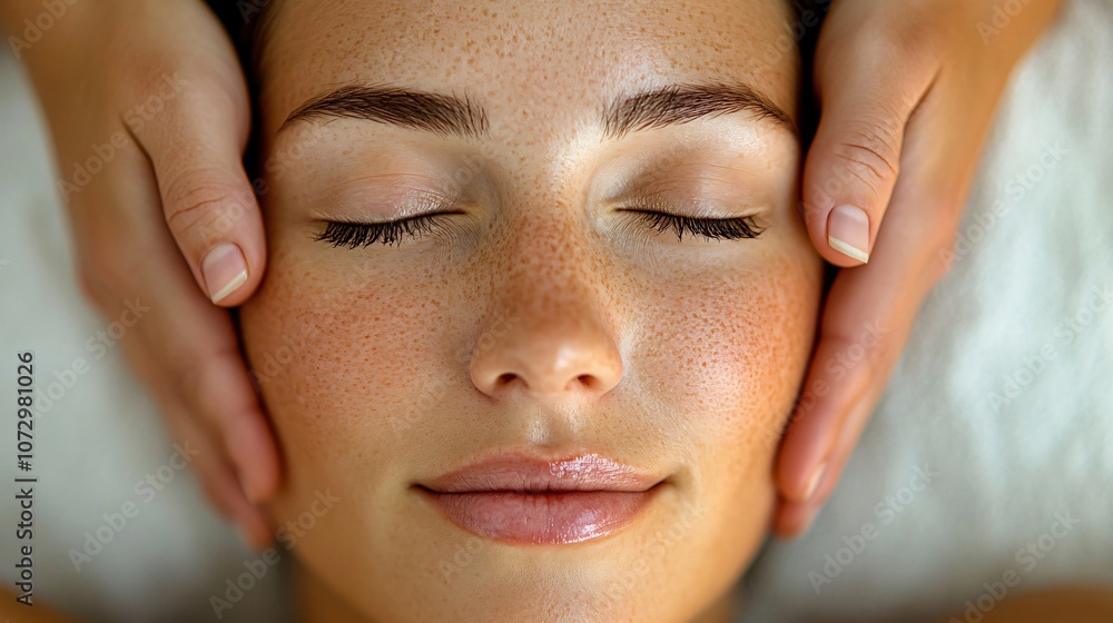 Woman's face receives face and head massage from the hands of a masseuse.
Woman's face receives face and head massage from the hands of a masseuse.
