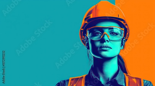 A striking portrait of a female construction worker in a helmet and safety glasses, highlighted against vibrant, contrasting backgrounds. photo