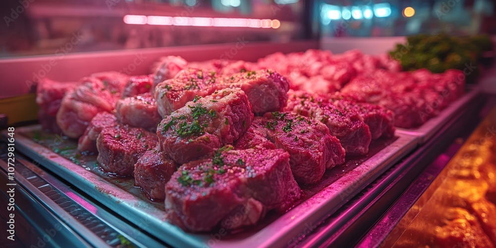 Fresh, raw meat displayed in a refrigerated counter.