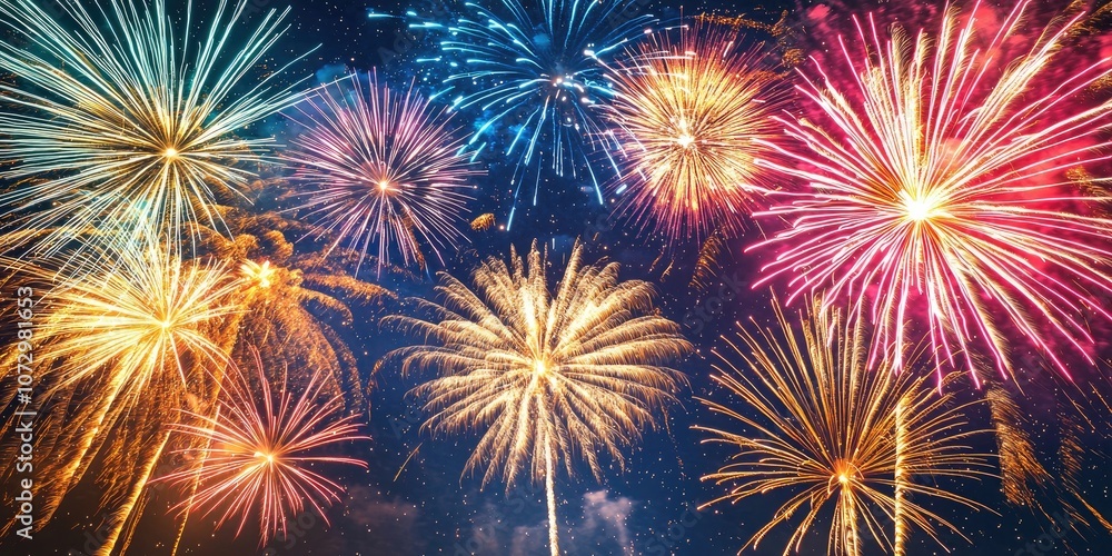 Fireworks exploding in the night sky, celebrating the Fourth of July with bright colors Fireworks exploding in the night sky, celebrating the Fourth of July with bright colors
