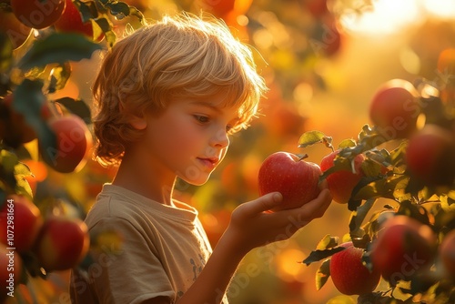 Boy Harvesting Apples in Early Morning Orchard Light photo