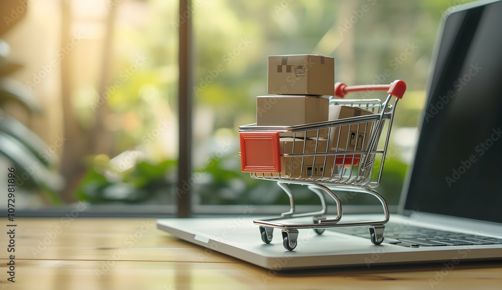 Product package boxes and shopping bag in cart with laptop computer which web store shop on screen for online shopping and delivery concept with miniature shopping cart standing in front of laptop Product package boxes and shopping bag in cart with laptop computer which web store shop on screen for online shopping and delivery concept with miniature shopping cart standing in front of laptop