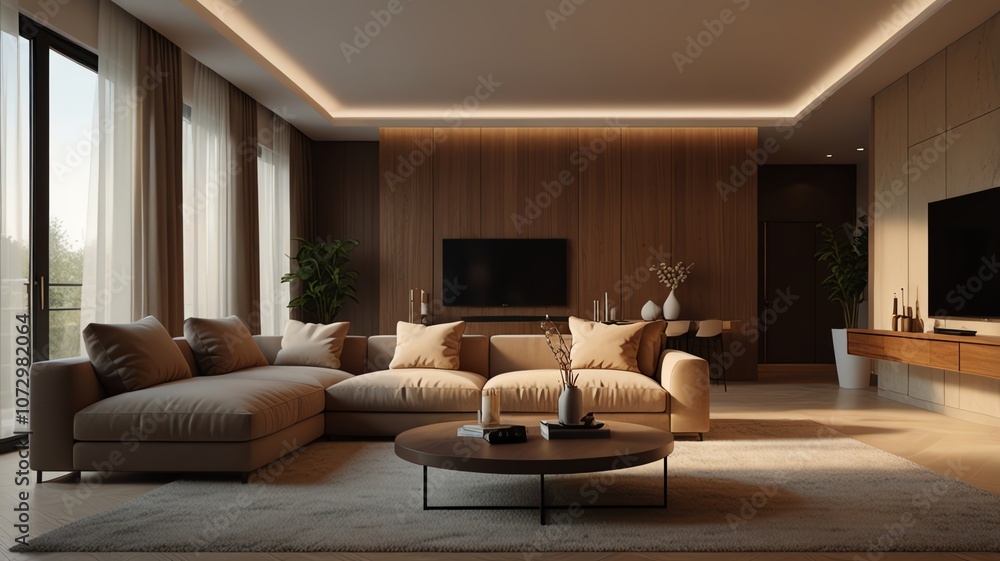 A modern living room with a large sectional sofa, a coffee table, and a wall-mounted television. The room is decorated in warm tones and has a comfortable and inviting atmosphere. A modern living room with a large sectional sofa, a coffee table, and a wall-mounted television. The room is decorated in warm tones and has a comfortable and inviting atmosphere.