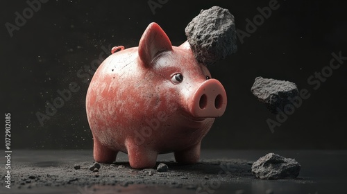 Piggy bank with rock falling. Financial crisis and impact photo