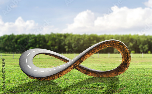3D rendering of infinity symbol road in adventure route concept. Earth land with asphalt driveway on small green planet and blue sky background. never ending road design advertisement.