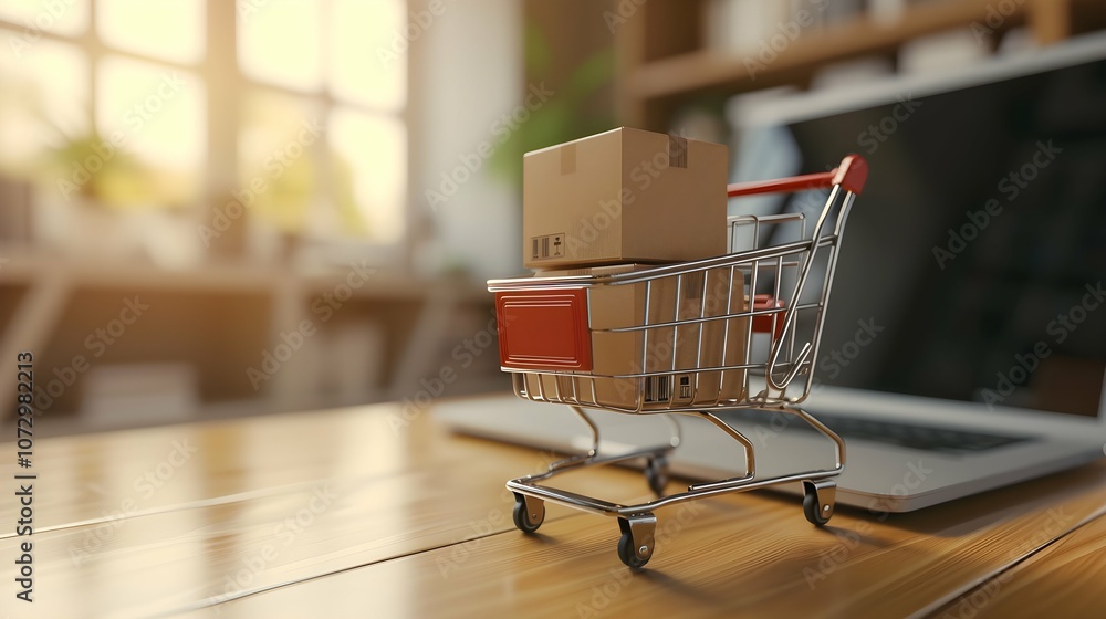 Product package boxes and shopping bag in cart with laptop computer which web store shop on screen for online shopping and delivery concept with miniature shopping cart standing in front of laptop Product package boxes and shopping bag in cart with laptop computer which web store shop on screen for online shopping and delivery concept with miniature shopping cart standing in front of laptop