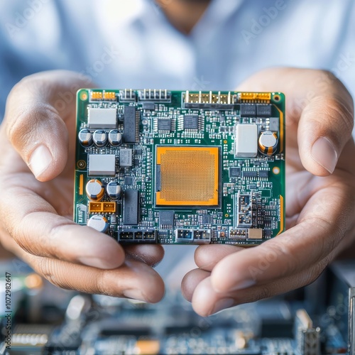 Technician displays motherboard while managing cybersecurity credentials photo