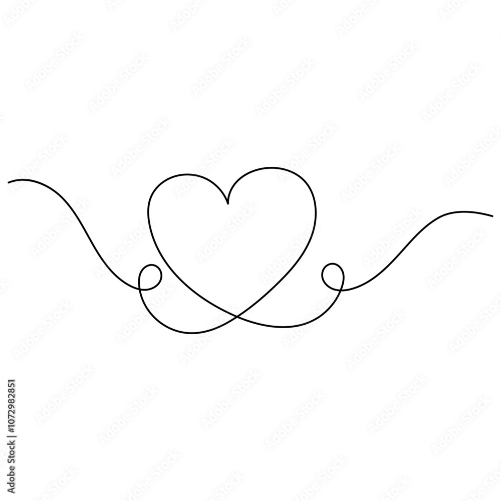 Heart shape valentines day single line art, continuous one line drawing of Isolated outline vector icon