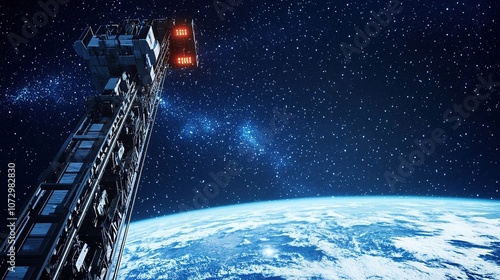 Space elevator concept reaching towards stars above Earth. photo