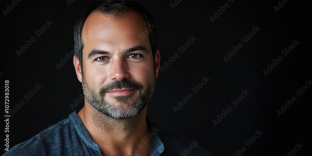 Confident Man with Beard in Casual Attire Against Dark Background Confident Man with Beard in Casual Attire Against Dark Background