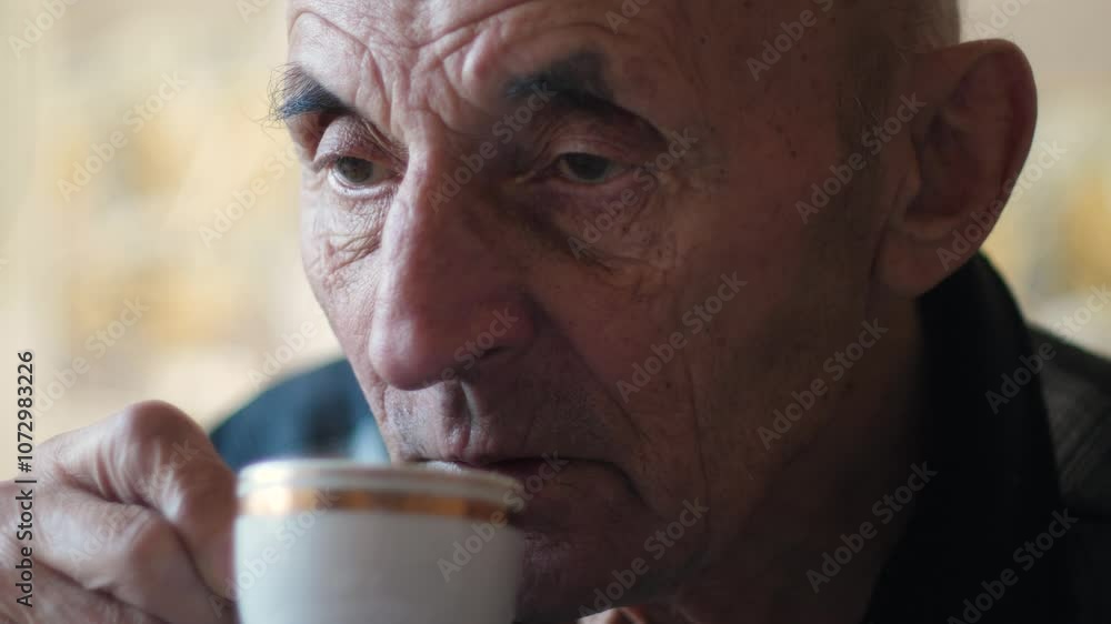 portrait of elderly caucasian man 75 years old drinking coffee from a cup while at home or in a cafe, pensioner's daily life, pensioner drinking coffee portrait of elderly caucasian man 75 years old drinking coffee from a cup while at home or in a cafe, pensioner's daily life, pensioner drinking coffee