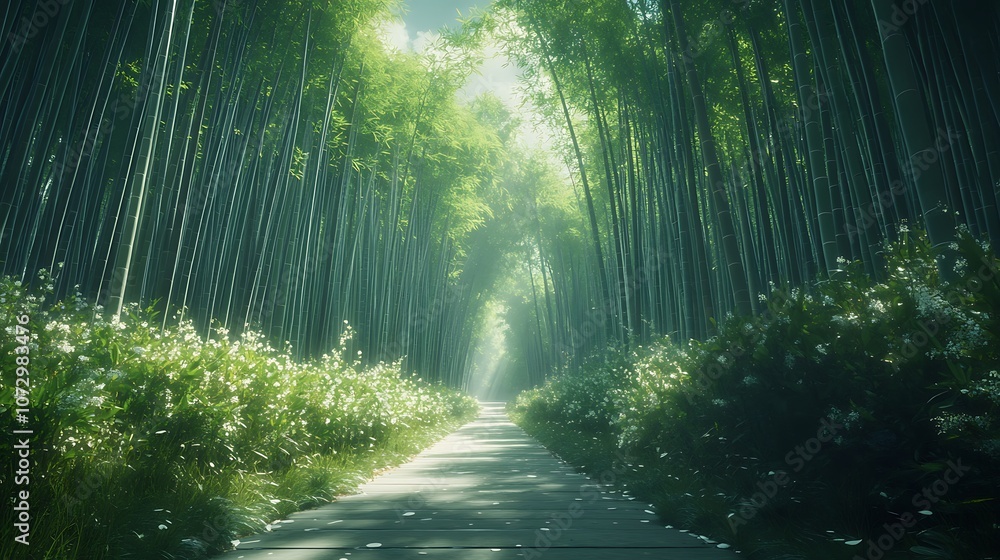 Naklejka premium A path leading through a lush green bamboo forest, Beautiful bamboo forest green background