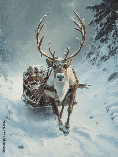 Portrait of a reindeer with massive antlers pulling sleigh in snow