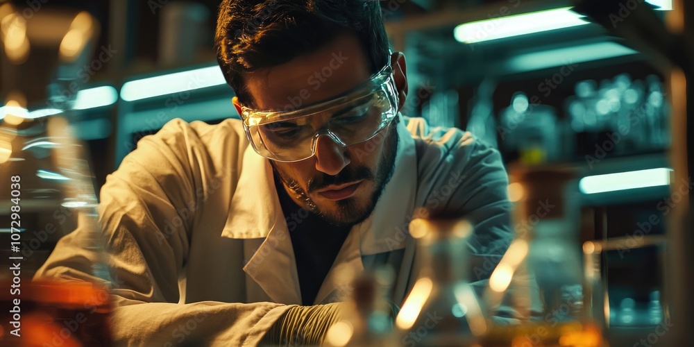 Lab worker wearing lab coat and safety goggles while working at a lab bench. Lab worker wearing lab coat and safety goggles while working at a lab bench.