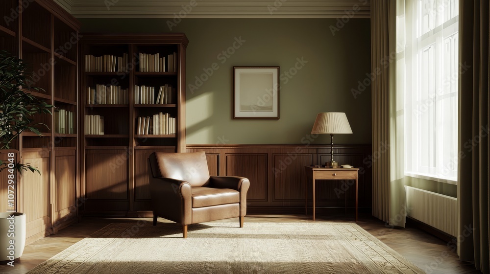 A cozy reading nook featuring a comfortable chair, wooden bookshelf, warm lighting, and a plush rug in a softly lit, minimalist room. A cozy reading nook featuring a comfortable chair, wooden bookshelf, warm lighting, and a plush rug in a softly lit, minimalist room.