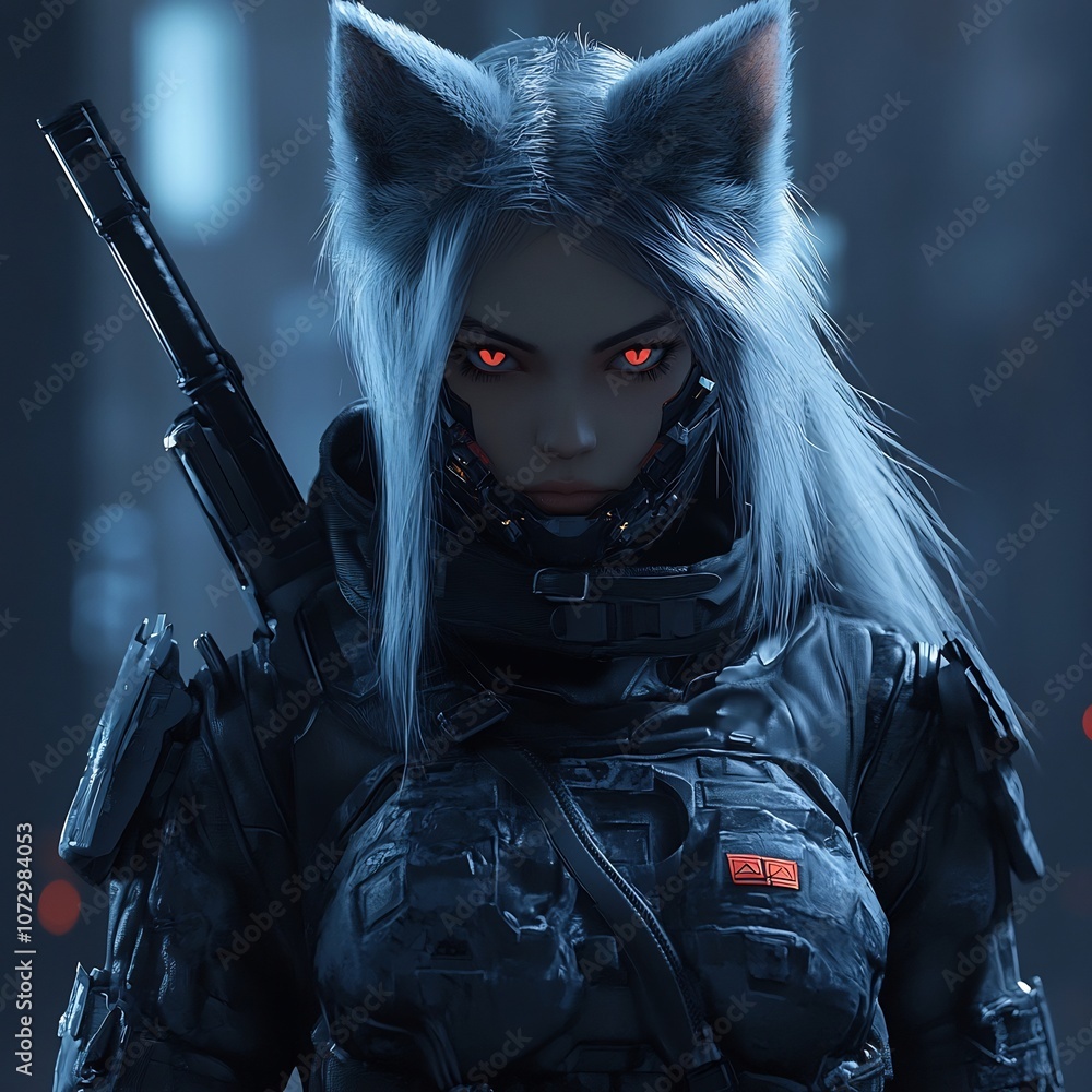 Fierce Female Fox Warrior in Tactical Armor with Weapon Fierce Female Fox Warrior in Tactical Armor with Weapon