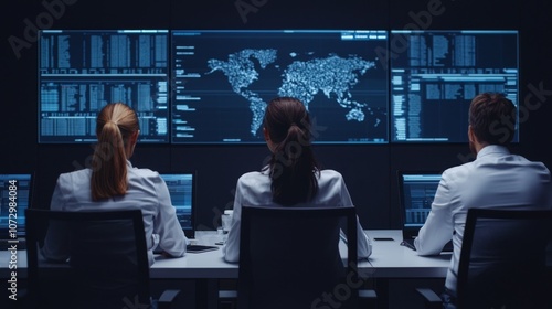 A team of analysts monitors data on multiple screens in a dark environment, focusing on global information systems and analytics.