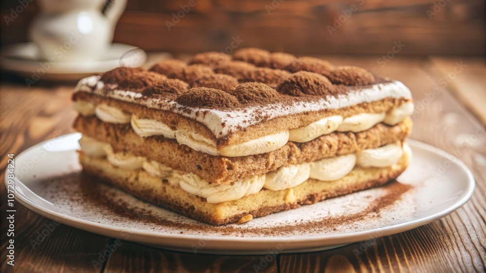 A Close-Up of a Layered Dessert with Cream and Cocoa Powder, Served on a White Plate A Close-Up of a Layered Dessert with Cream and Cocoa Powder, Served on a White Plate