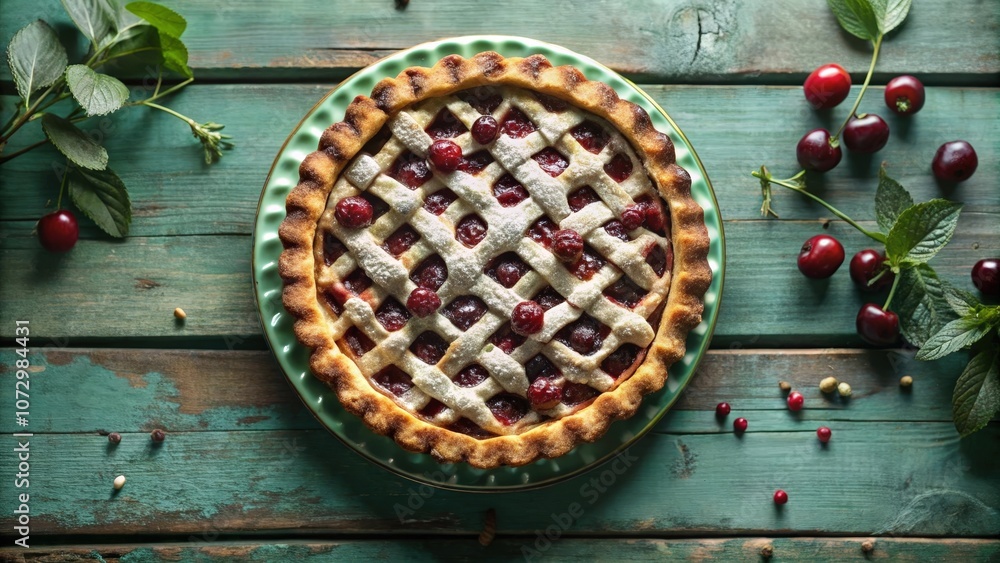 A freshly baked cherry pie with a lattice crust, dusted with powdered sugar, sits on a rustic green wooden table, surrounded by scattered cherries and sprigs of mint. A freshly baked cherry pie with a lattice crust, dusted with powdered sugar, sits on a rustic green wooden table, surrounded by scattered cherries and sprigs of mint.