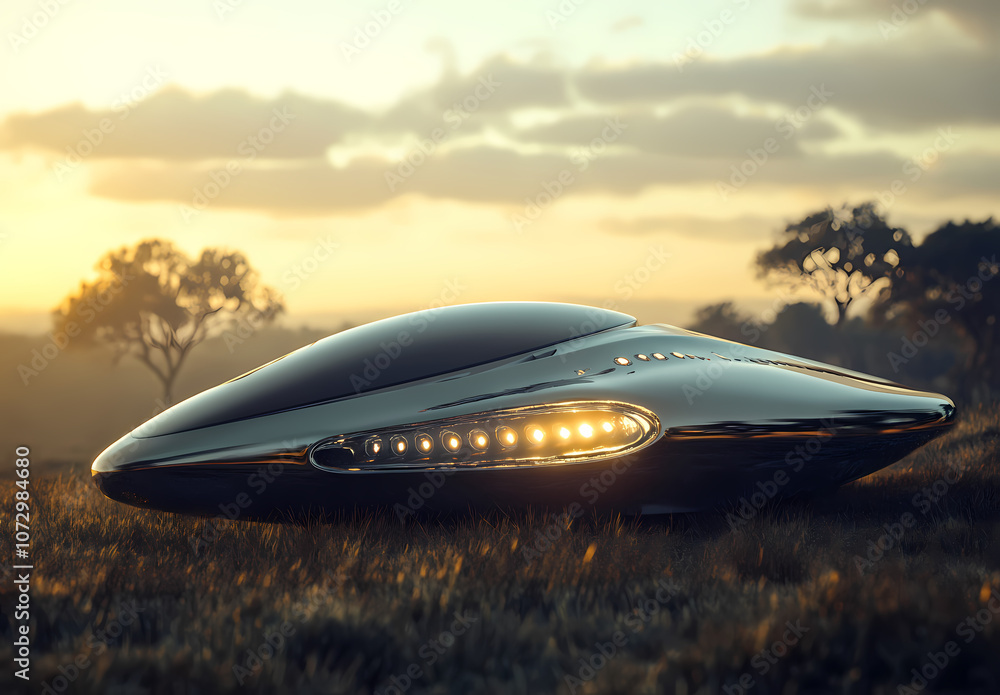 Mystical UFO in the Sky with Glowing Lights, Hovering Over a Field with Soft-Focus Trees and Sky, Captured in Photorealistic Style Mystical UFO in the Sky with Glowing Lights, Hovering Over a Field with Soft-Focus Trees and Sky, Captured in Photorealistic Style