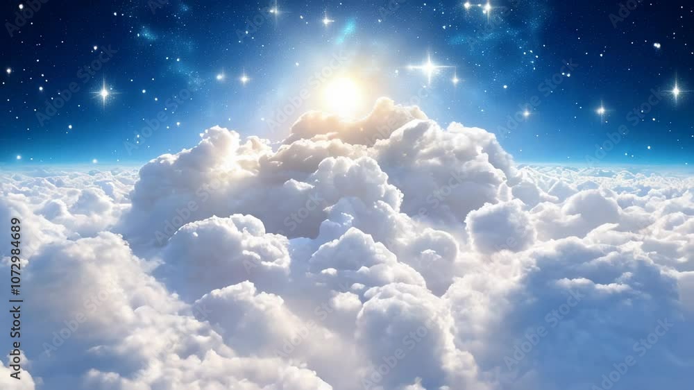 A serene sunrise illuminates fluffy white clouds beneath a starry blue sky, evoking peace, wonder, and a celestial atmosphere. A serene sunrise illuminates fluffy white clouds beneath a starry blue sky, evoking peace, wonder, and a celestial atmosphere.
