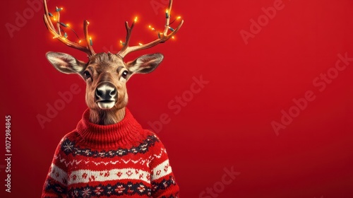 reindeer wearing a festive Christmas sweater with antlers and lights, set against a vibrant red background. joyful spirit of the holiday season, perfect for Christmas banner/web/design/card photo