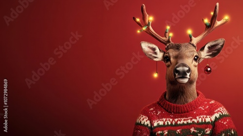 reindeer wearing a festive Christmas sweater with antlers and lights, set against a vibrant red background. joyful spirit of the holiday season, perfect for Christmas banner/web/design/card photo