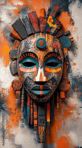 An African mask decorated with intricate patterns and symbols hangs against an abstract background. Colorful wood carving.