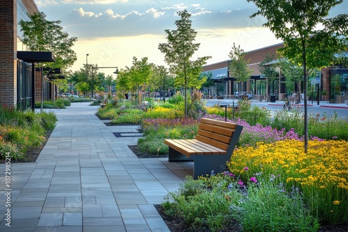 Modern shopping center with vibrant landscaping at sunset