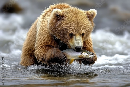 Brown bear catching salmon in river, wildlife photography photo