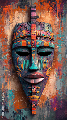 An African mask decorated with intricate patterns and symbols hangs against an abstract background. Colorful wood carving.