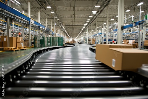 Cardboard box moving on conveyor belt in distribution warehouse