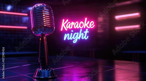 Vintage microphone stands on stage, illuminated by neon karaoke night sign