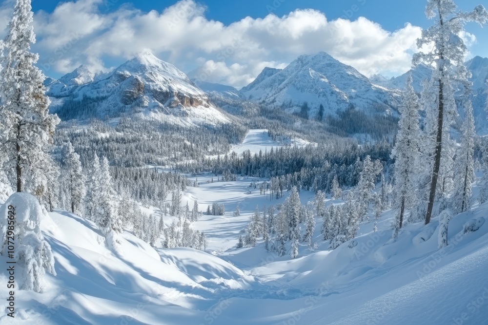 Snowy mountain peaks towering over frozen valley and forest Snowy mountain peaks towering over frozen valley and forest