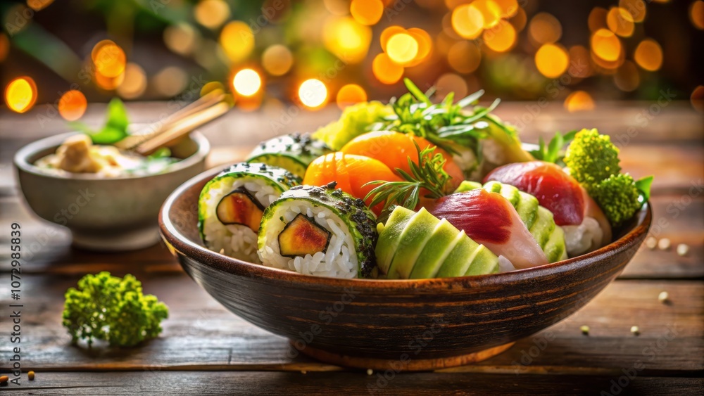 Fresh and Delicious Bowl of Sushi with Avocado and Seaweed Perfectly Arranged Using Rule of Thirds for a Stunning Culinary Presentation Fresh and Delicious Bowl of Sushi with Avocado and Seaweed Perfectly Arranged Using Rule of Thirds for a Stunning Culinary Presentation