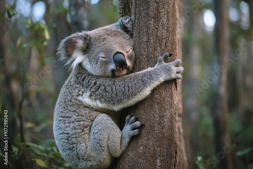 Koala sleeping while hugging a tree in a forest photo