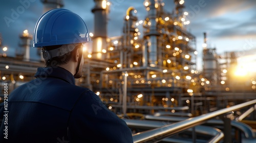 A man wearing a blue helmet stands confidently in front of a large gas refinery, with complex piping and structures behind him, conveying industrial scale and safety.