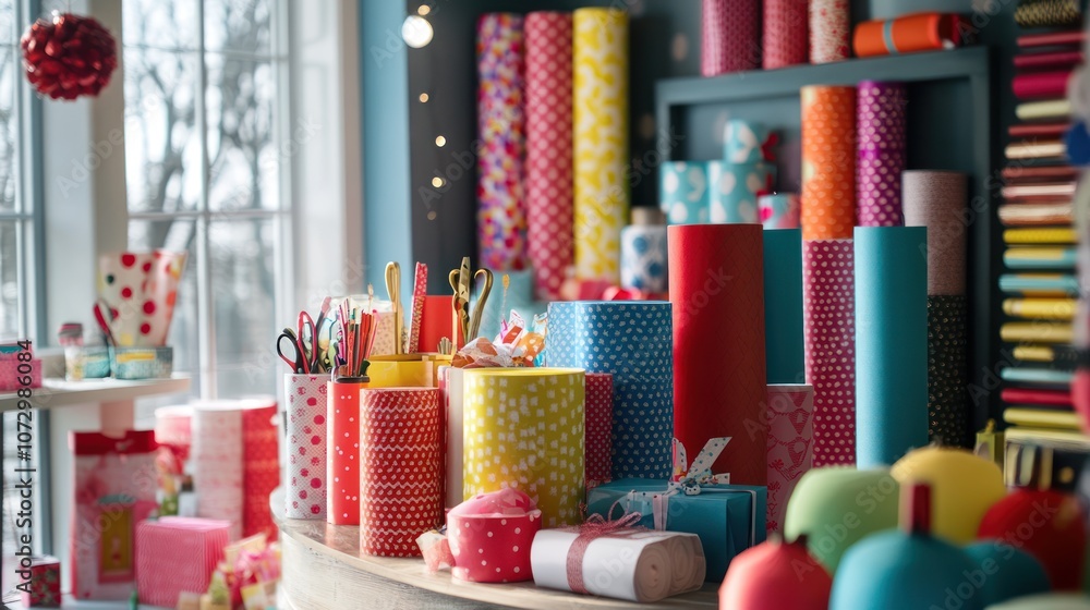 A variety of colorful wrapping paper rolls, gift boxes, and wrapping supplies are displayed on a counter in a shop. A variety of colorful wrapping paper rolls, gift boxes, and wrapping supplies are displayed on a counter in a shop.