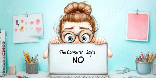 Woman at Desk with Computer says no Quote Displayed on Computer in Cartoon Illust