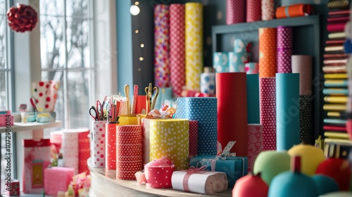 A variety of colorful wrapping paper rolls, gift boxes, and wrapping supplies are displayed on a counter in a shop.