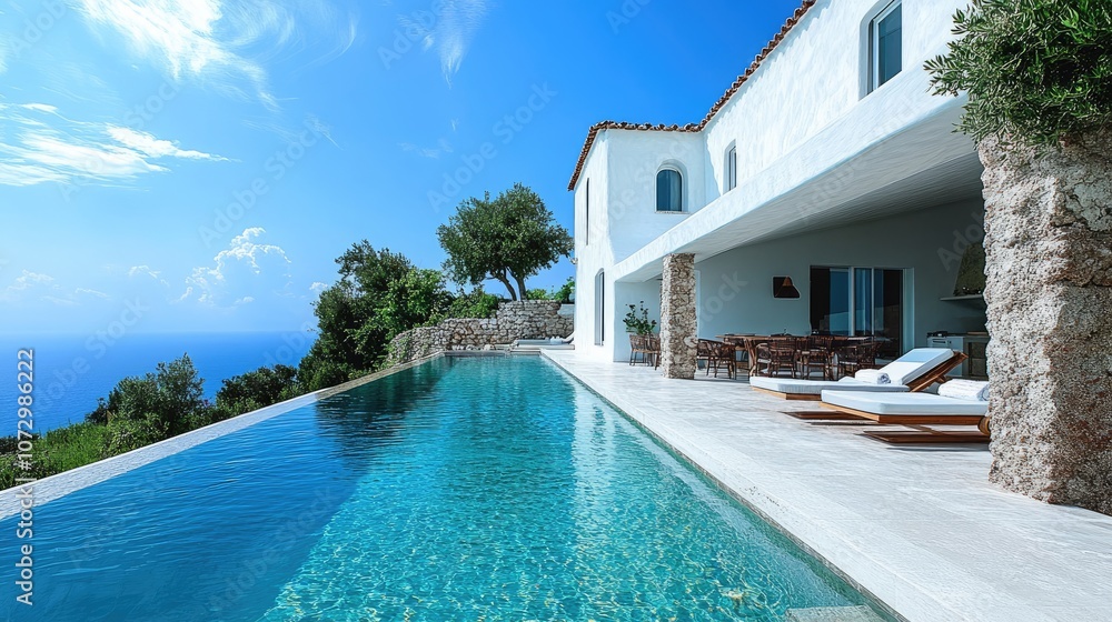 Fototapeta premium Infinity pool overlooking tranquil ocean at modern luxury villa