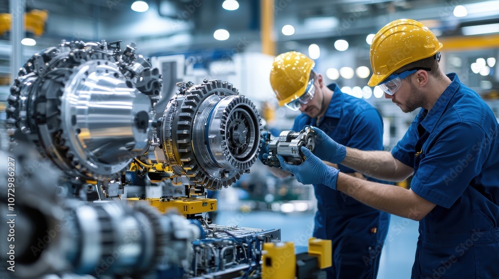 Focused wind turbine engineers working on mechanical parts for noise reduction, with turbines in the background and open area for text Focused wind turbine engineers working on mechanical parts for noise reduction, with turbines in the background and open area for text