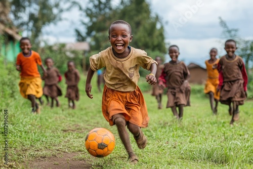 Happy african children playing soccer in rural village